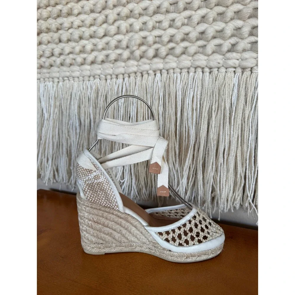Castaner Carola Beige Jute Ankle Wrap Espadrille Platform Wedge Sandal Size 6